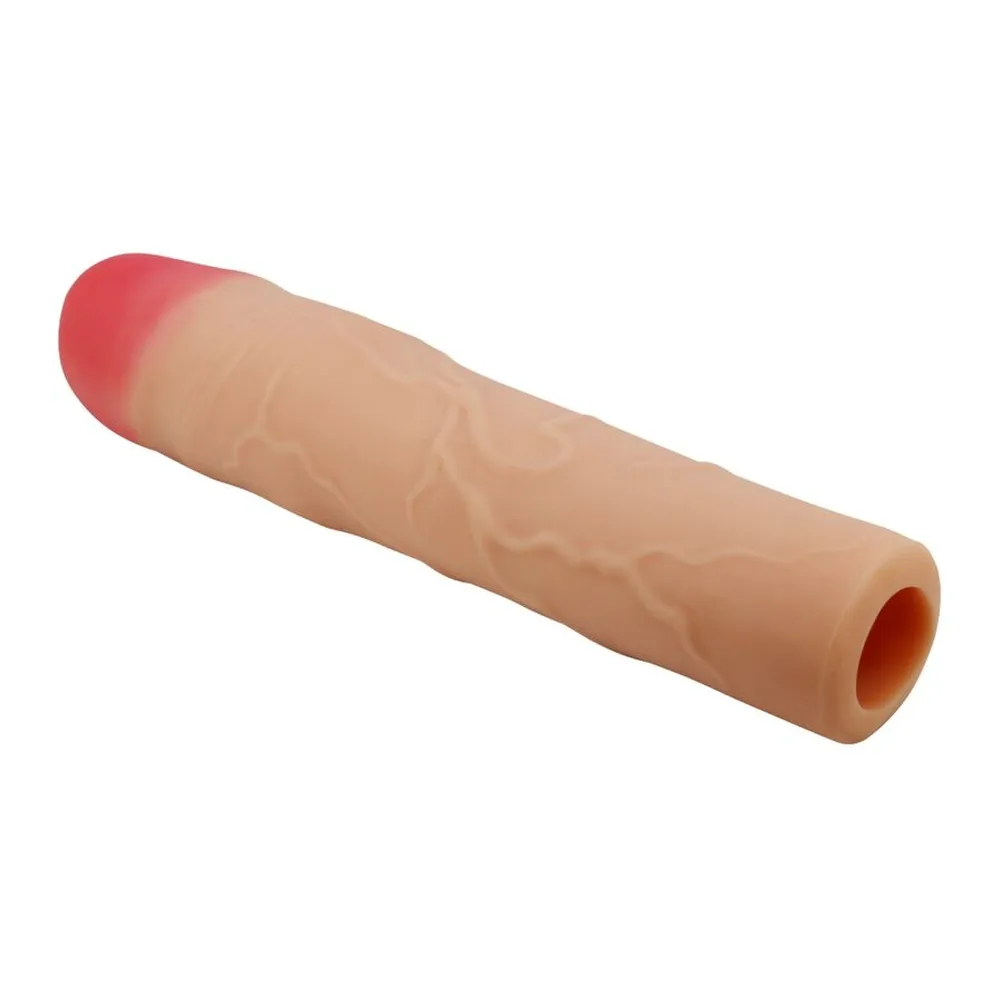 Gaine en silicone beige clair avec embout arrondi rose corail, extensible, sur fond blanc