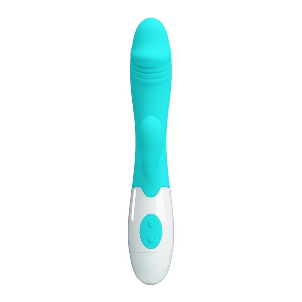 Schéma de dimensions d'un vibromasseur rabbit turquoise et blanc, montrant 190 mm de hauteur totale, 95 mm pour la branche G-spot et 32 mm de largeur