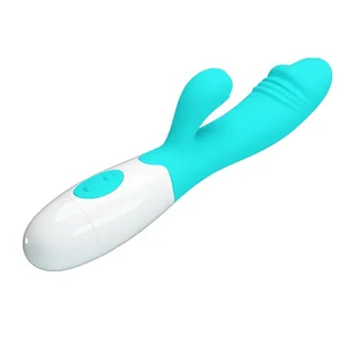 Vibromasseur rabbit silicone turquoise et blanc, 190 mm, autre vue 4