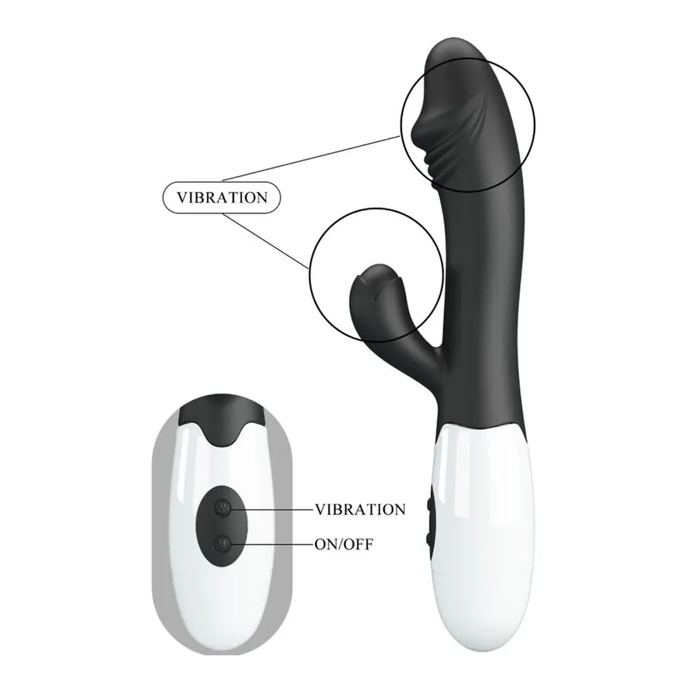 Schéma de dimensions d'un vibromasseur rabbit turquoise et blanc, montrant 190 mm de hauteur totale, 95 mm pour la branche G-spot et 32 mm de largeur
