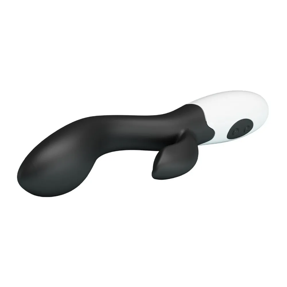 Vibromasseur noir et blanc avec tête arrondie blanche, corps incurvé noir et stimulateur clitoridien articulé, sur fond blanc