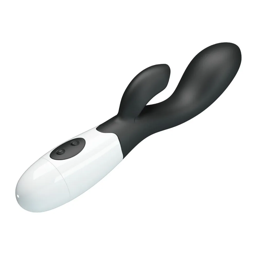 Vibromasseur noir et blanc avec tête arrondie blanche, corps incurvé noir et stimulateur clitoridien articulé, sur fond blanc