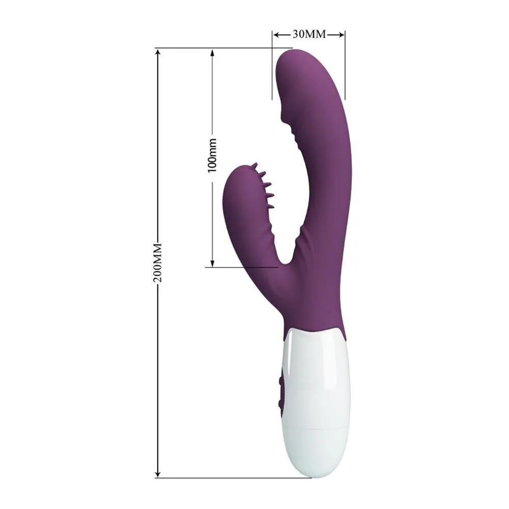 Schéma de dimensions d'un vibromasseur rabbit en silicone violet et blanc, montrant la longueur totale de 200mm, une branche de 100mm avec pétales texturés, et une largeur de 30mm
