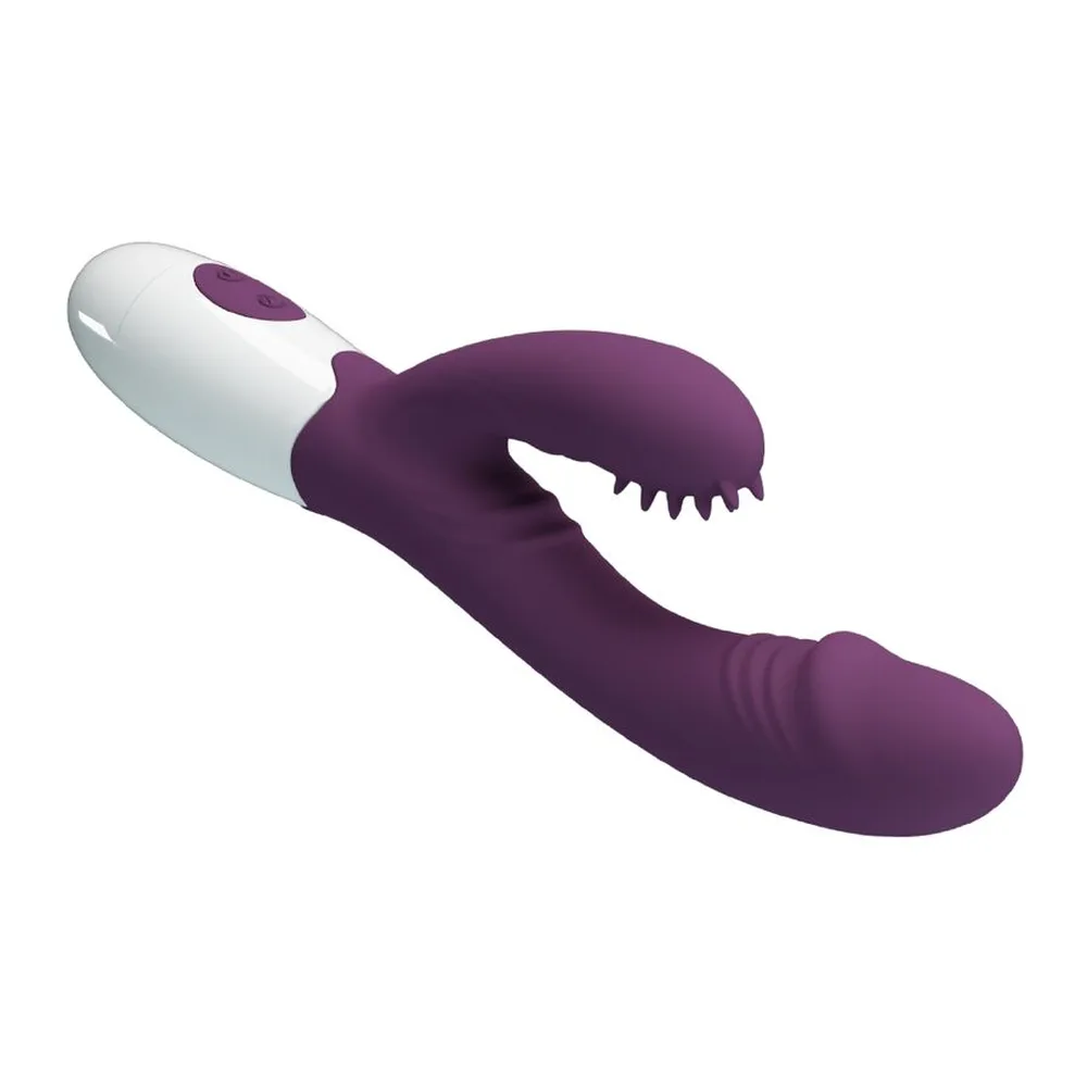 Schéma de dimensions d'un vibromasseur rabbit en silicone violet et blanc, montrant la longueur totale de 200mm, une branche de 100mm avec pétales texturés, et une largeur de 30mm