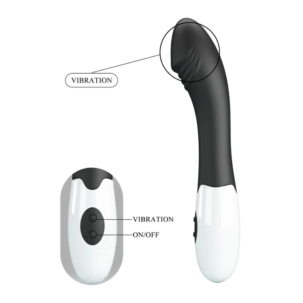 Schéma technique d'un vibromasseur noir et blanc à tige fine incurvée et tête bulbeuse, avec télécommande sans fil blanche et noire indiquant les zones de vibration et le bouton marche/arrêt