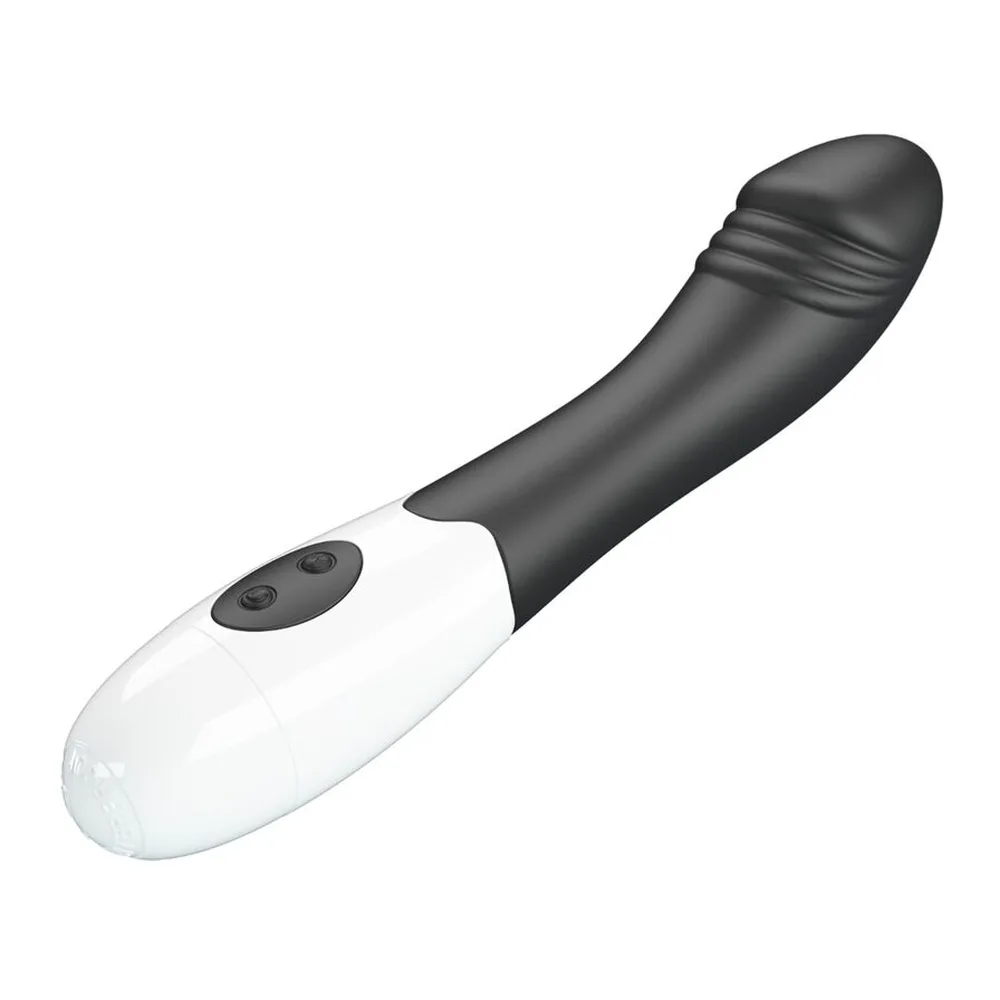 Schéma technique d'un vibromasseur noir et blanc à tige fine incurvée et tête bulbeuse, avec télécommande sans fil blanche et noire indiquant les zones de vibration et le bouton marche/arrêt