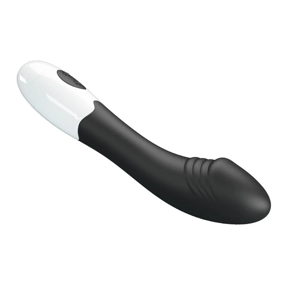 Vibromasseur silicone noir et blanc, tige fine, tête bulbeuse, télécommande, autre vue 3