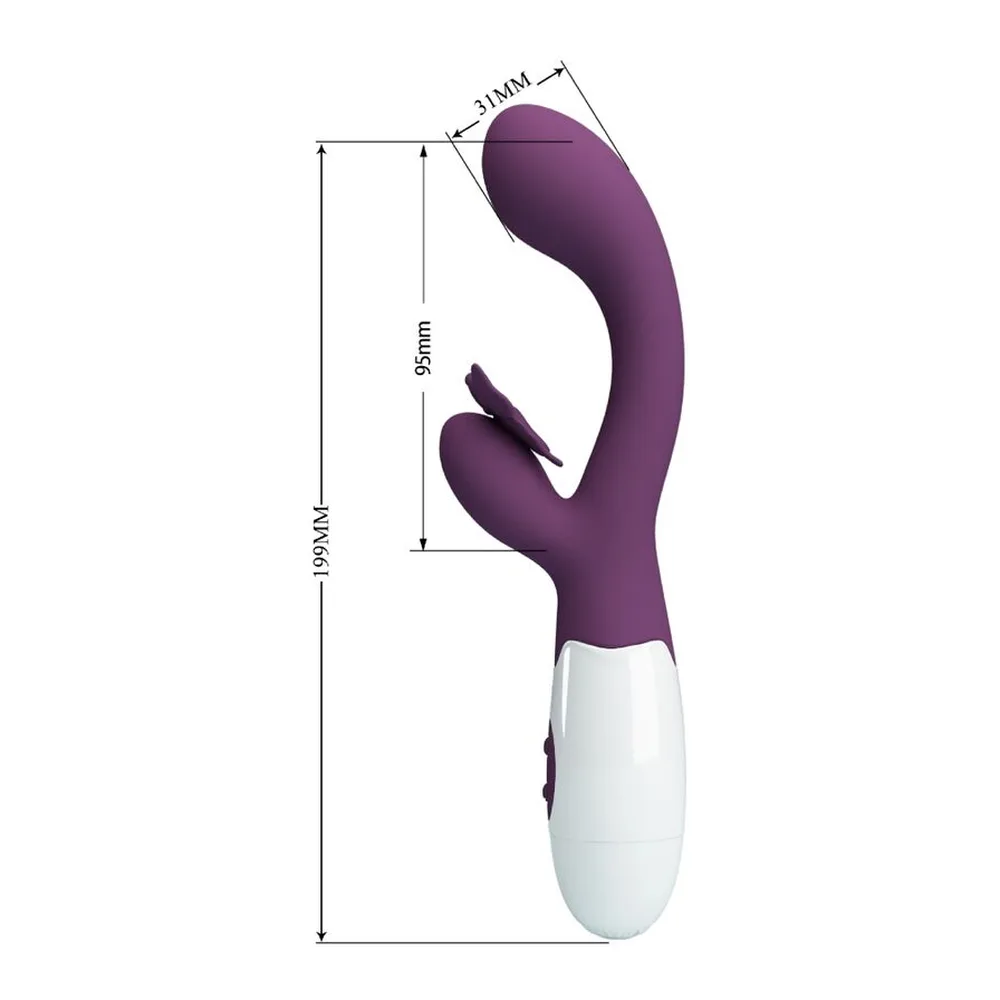 Schéma de dimensions d'un vibromasseur rabbit violet et blanc avec bras clitoridien en forme de papillon, 199 mm de longueur totale, 95 mm de longueur insertable, 31 mm de largeur