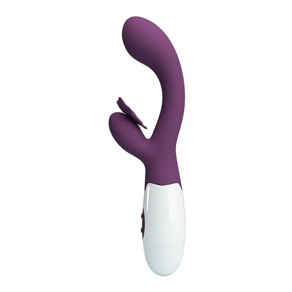 Schéma de dimensions d'un vibromasseur rabbit violet et blanc avec bras clitoridien en forme de papillon, 199 mm de longueur totale, 95 mm de longueur insertable, 31 mm de largeur