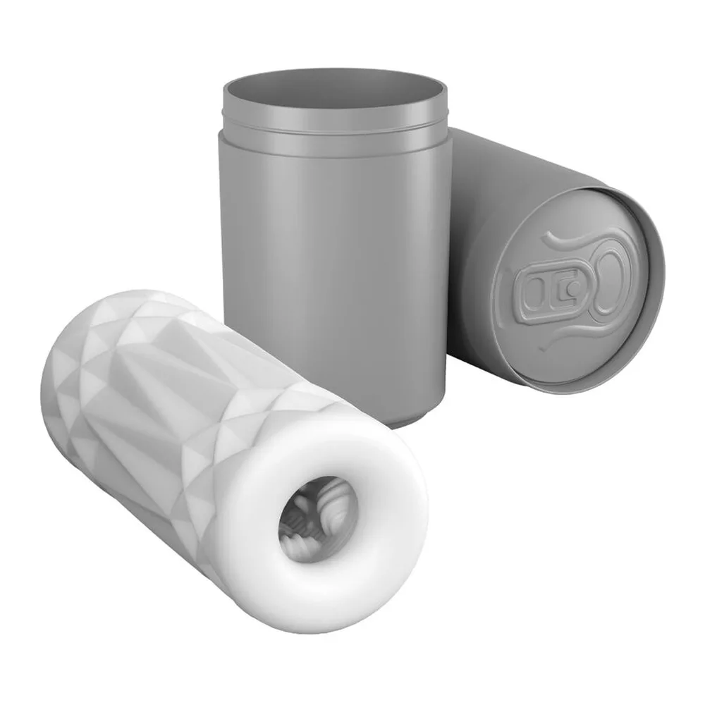 Masturbateur blanc avec gaine moulée texturée visible, accompagné de son étui rigide gris avec couvercle à ouverture par languette, vue d'ensemble en 3D