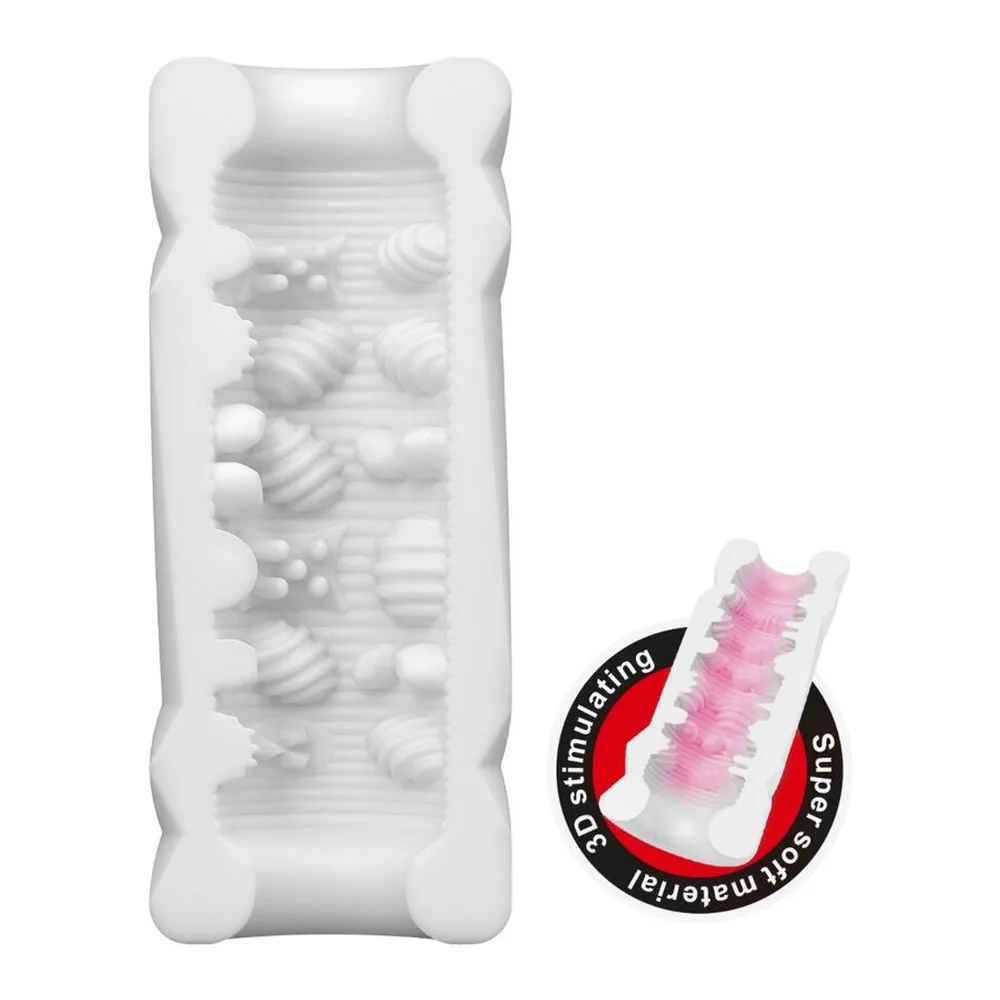 Masturbateur blanc avec gaine moulée texturée visible, accompagné de son étui rigide gris avec couvercle à ouverture par languette, vue d'ensemble en 3D
