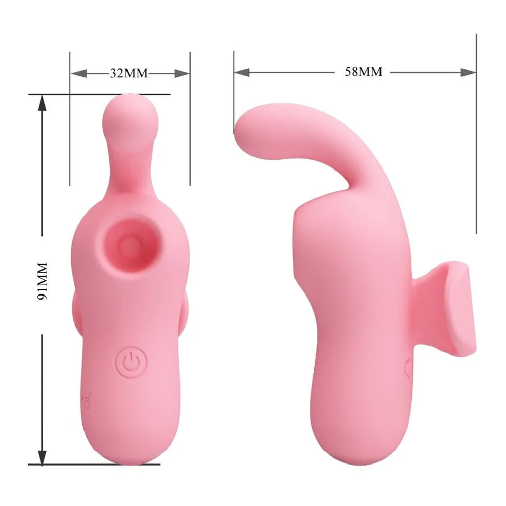 Schéma de dimensions d'un stimulateur clitoridien rose avec embout buccal suction, deux ailettes latérales vibrantes et bouton de contrôle, montrant 91 mm de hauteur et 32 mm de largeur maximum