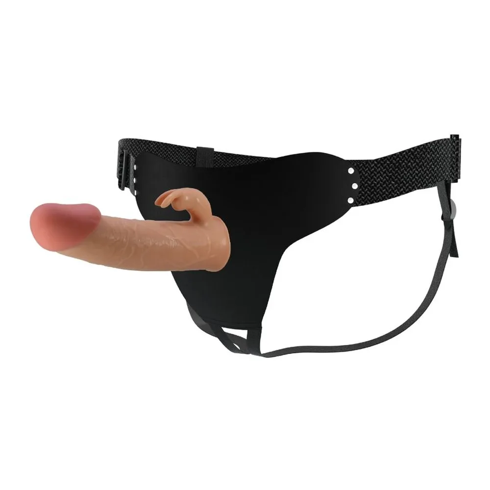 Culotte-harnais noire avec sangles réglables en maille et gode réaliste chair de 19 cm, fond blanc