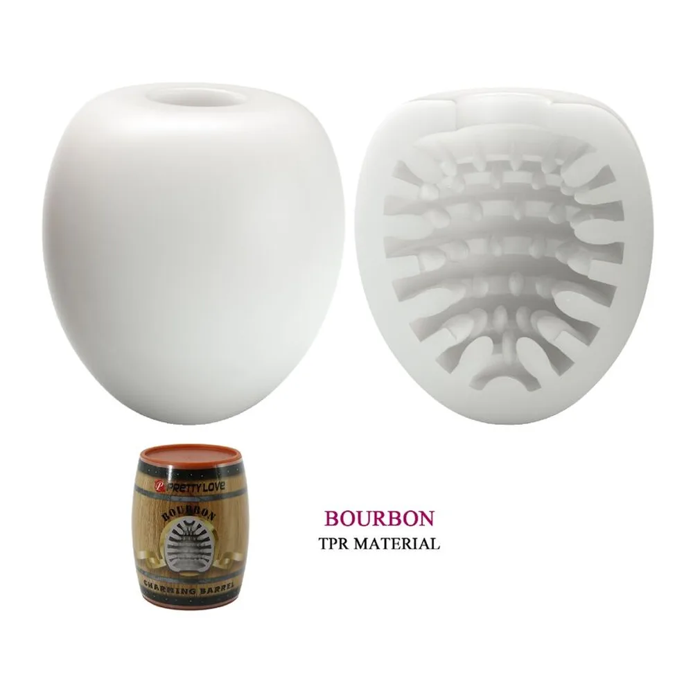 Masturbateur en silicone rose en forme d'œuf, montrant la surface lisse d'un côté et l'intérieur texturé de l'autre, présenté avec son emballage tonneau en bois naturel décorée