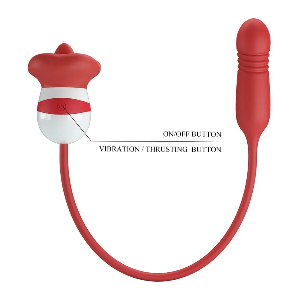 Stimulateur clitoridien rouge et blanc avec tête en forme de bouche à langue mobile et tige rigide, câble de charge visible, détail en encadré montrant la prise en main