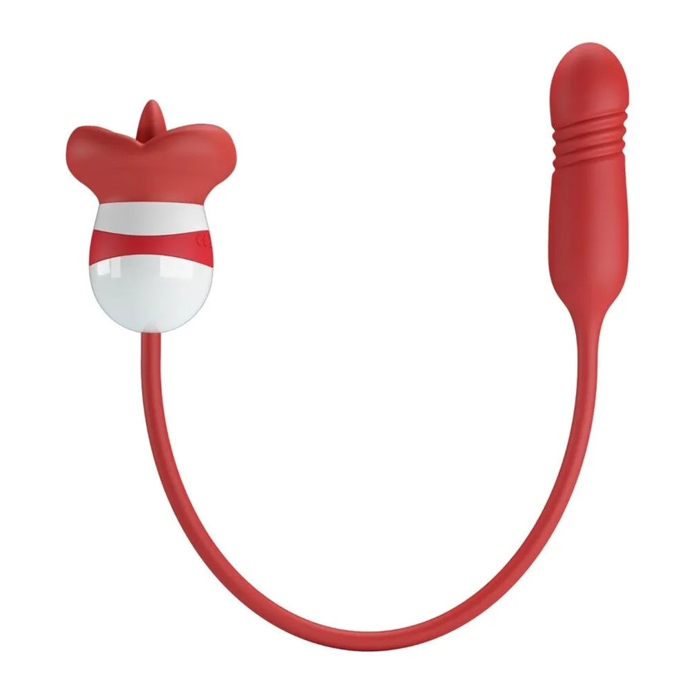 Stimulateur clitoridien rouge silicone, langue mobile, tige rigide, autre vue 5