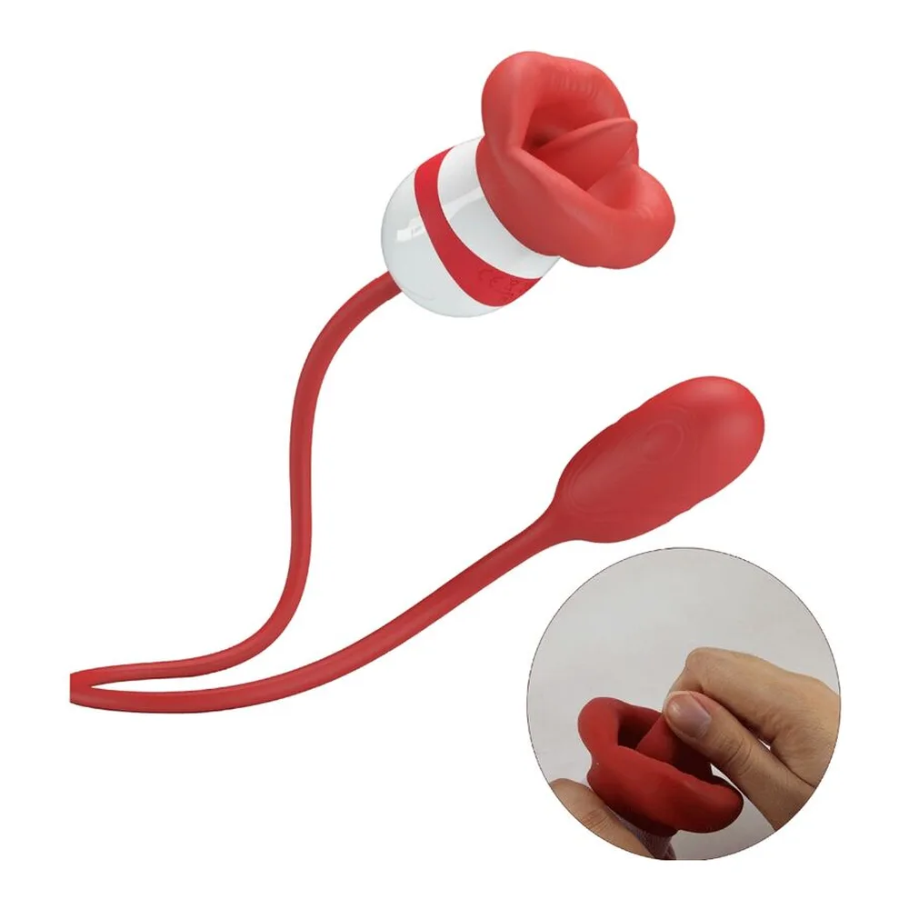 Stimulateur clitoridien avec succion en silicone rouge et blanc, tête de bouche ronde reliée par câble souple à commande œuf blanc et rouge