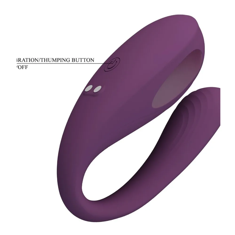 Stimulateur clitoridien en silicone prune, forme en U avec deux branches courbes, boutons de commande discrets sur le côté, fond blanc neutre