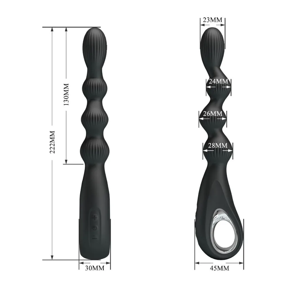 Schéma de dimensions du vibrateur anal noir en silicone avec perles graduées et anneau de préhension, montrant longueur totale 222mm et largeurs de 23mm à 45mm