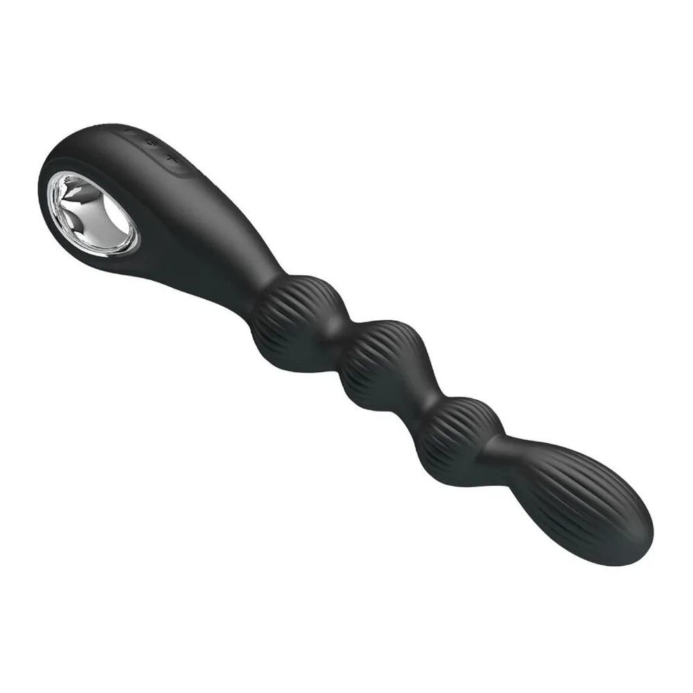 Schéma de dimensions du vibrateur anal noir en silicone avec perles graduées et anneau de préhension, montrant longueur totale 222mm et largeurs de 23mm à 45mm