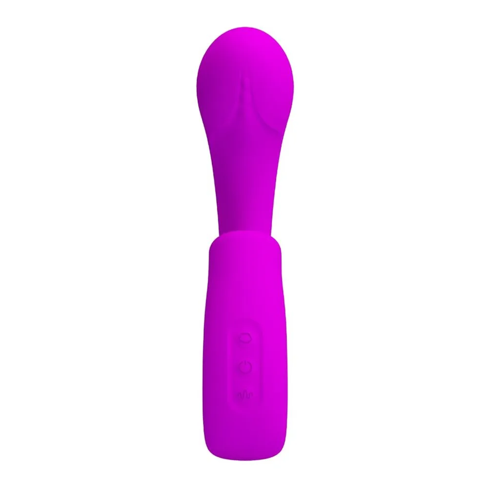 Vibromasseur magenta en silicone avec tête arrondie et corps effilé, sur fond blanc