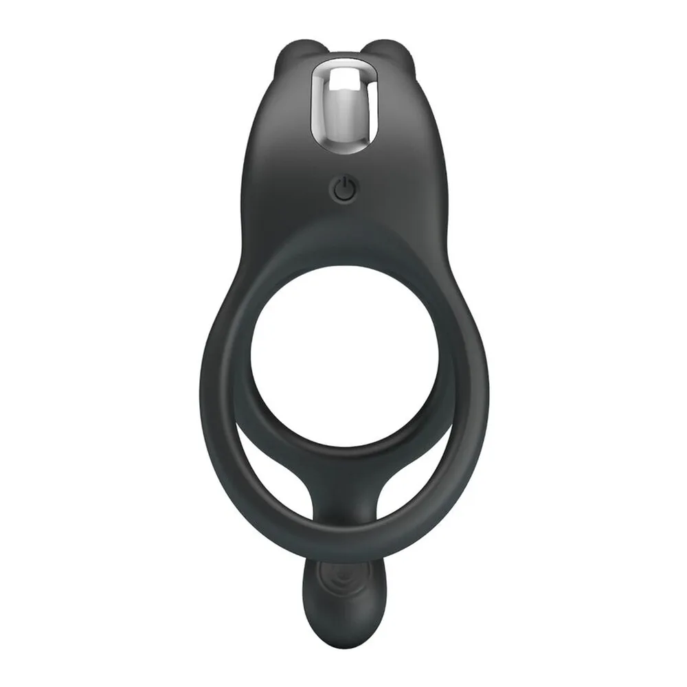 Anneau vibrant noir en silicone avec double anneau, oreilles de souris, moteur argenté et bouton de contrôle, sur fond blanc