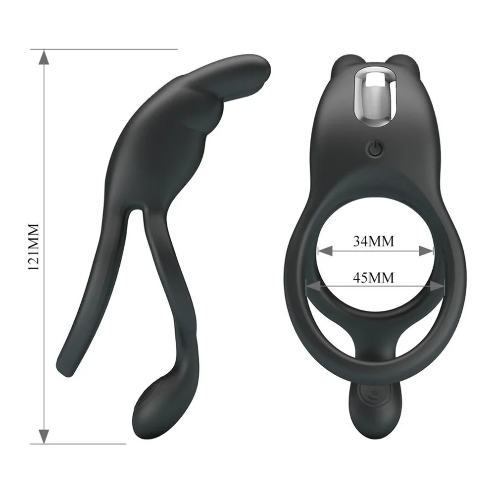 Anneau vibrant noir en silicone avec double anneau, oreilles de souris, moteur argenté et bouton de contrôle, sur fond blanc