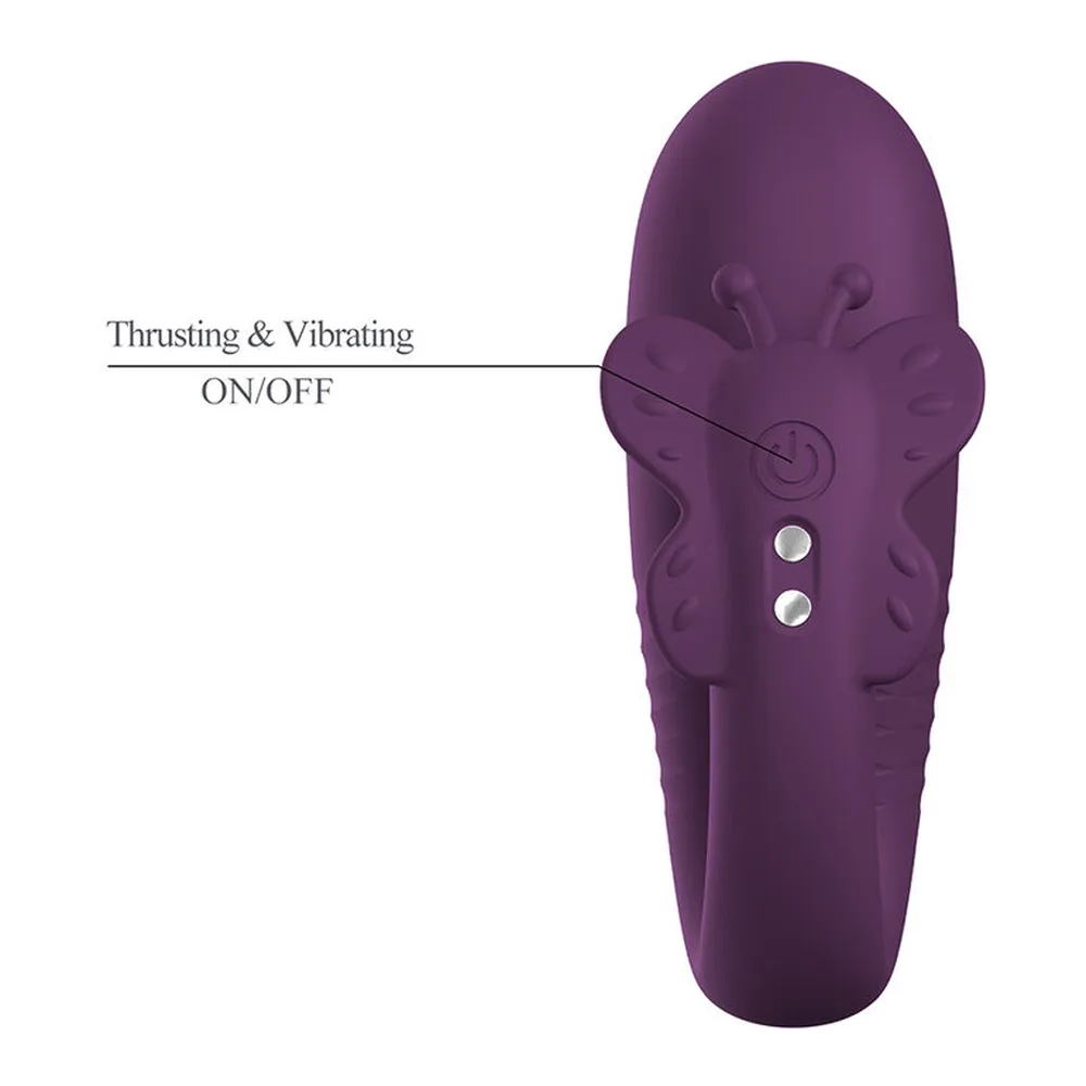 Œuf vibrant en silicone violet prune avec bras externe articulé et stimulateur clitoridien sphérique, vue de trois-quarts sur fond blanc