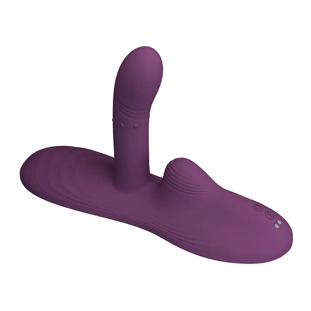 Vibromasseur en silicone mauve avec base large et stimulateur central, télécommande visible à droite, sur fond blanc