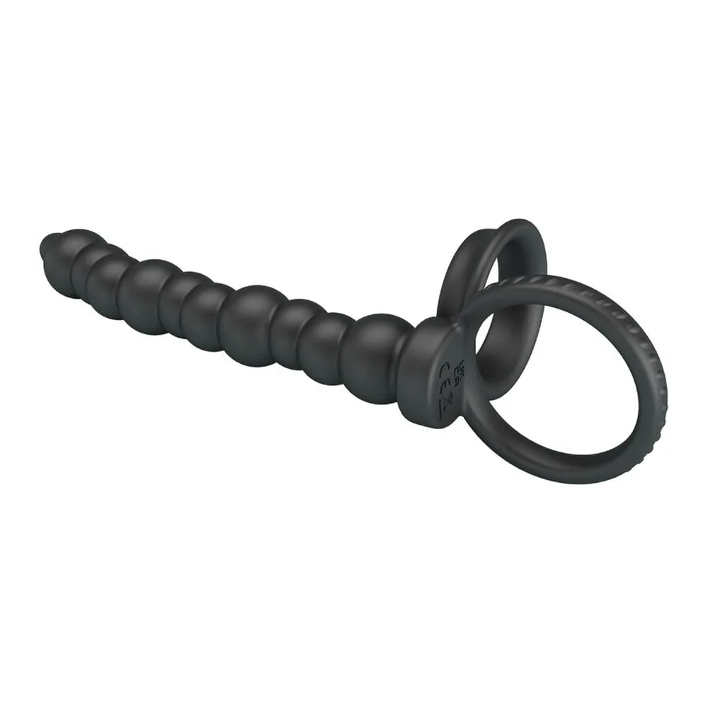 Anneau en silicone noir avec tige perlée prolongée et anneau double, vue de profil sur fond blanc