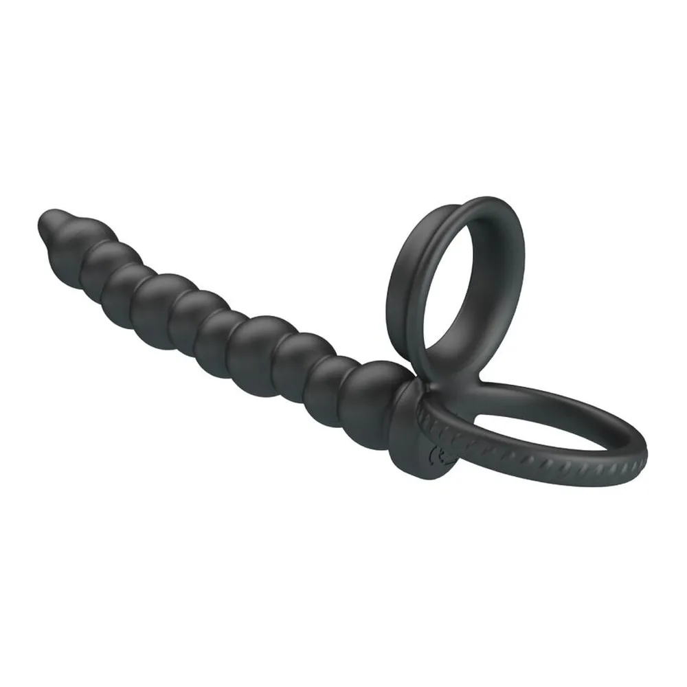 Anneau en silicone noir avec tige perlée prolongée et anneau double, vue de profil sur fond blanc