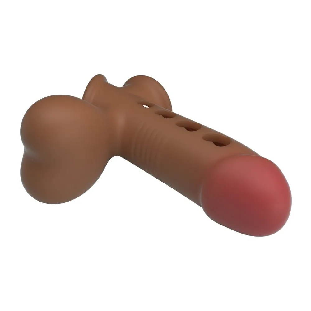Gaine de pénis en silicone marron et rose, forme anatomique avec details texturés, embout gonflable, fond blanc