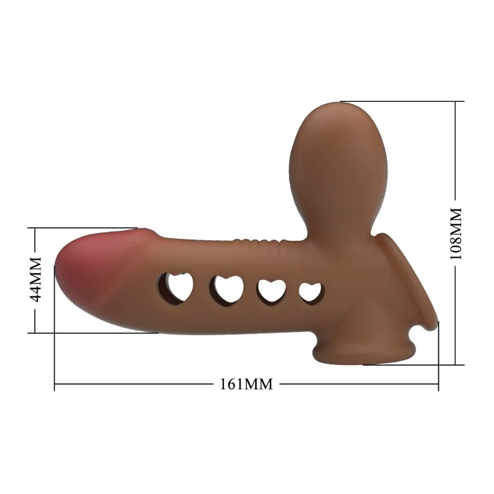 Gaine de pénis en silicone marron et rose, forme anatomique avec details texturés, embout gonflable, fond blanc