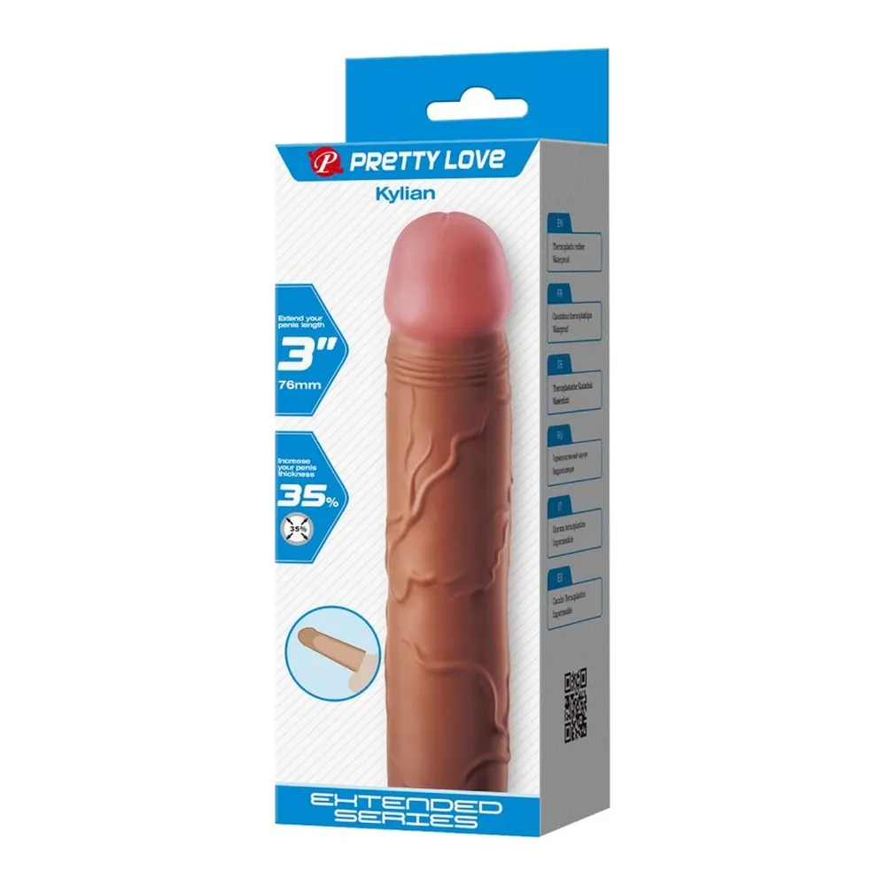Gaine d'extension de pénis en silicone brun, forme cylindrique avec gland proéminent, surface lisse et brillante, sur fond blanc