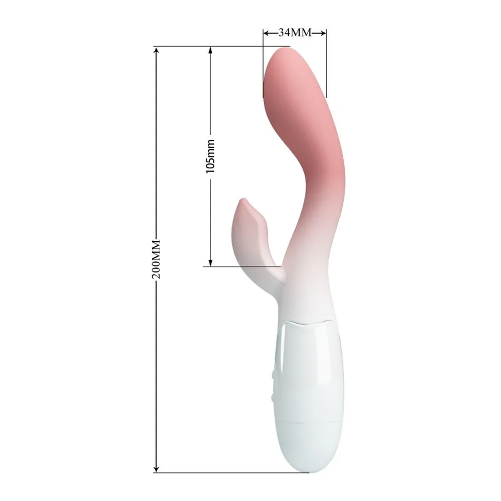 Schéma de dimensions d'un vibromasseur blanc et rose pâle avec moteur double, branche inférieure plus courte et branche supérieure incurvée, 200 mm de longueur totale et 34 mm de largeur maximale