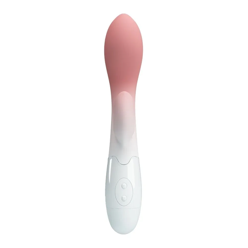 Schéma de dimensions d'un vibromasseur blanc et rose pâle avec moteur double, branche inférieure plus courte et branche supérieure incurvée, 200 mm de longueur totale et 34 mm de largeur maximale