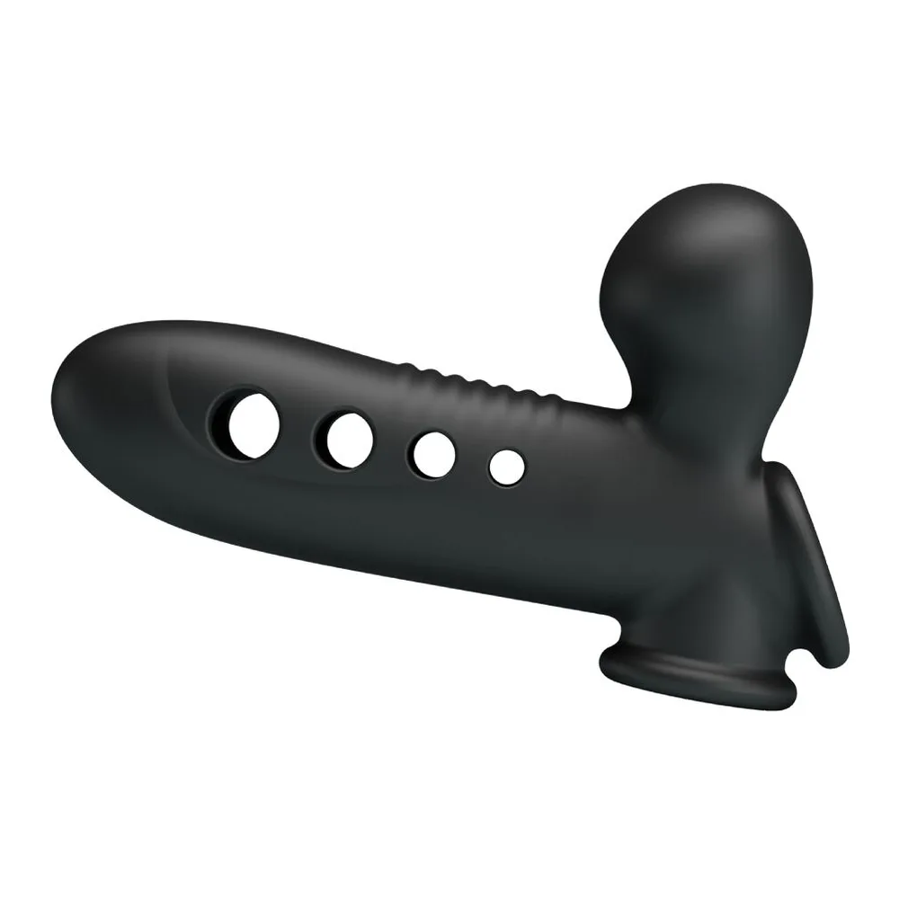 Manchon pénis noir en silicone avec sangle testiculaire, orné de quatre perforations alignées et d'une poire d'air gonflable à l'extrémité, fond blanc