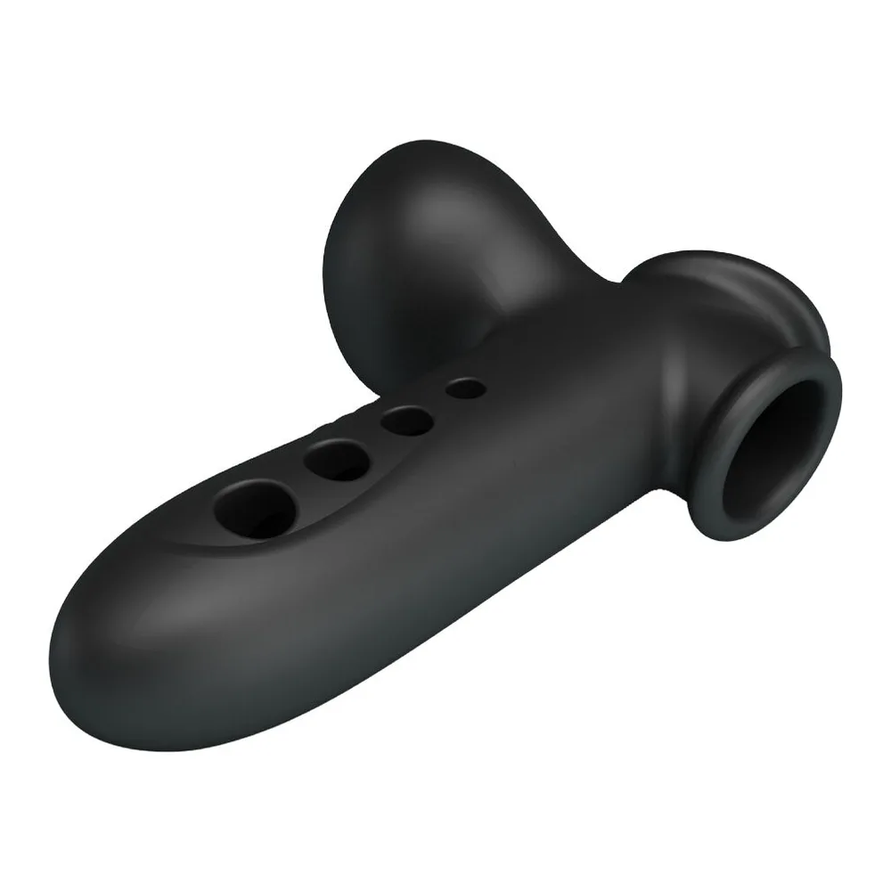Manchon pénis noir en silicone avec sangle testiculaire, orné de quatre perforations alignées et d'une poire d'air gonflable à l'extrémité, fond blanc