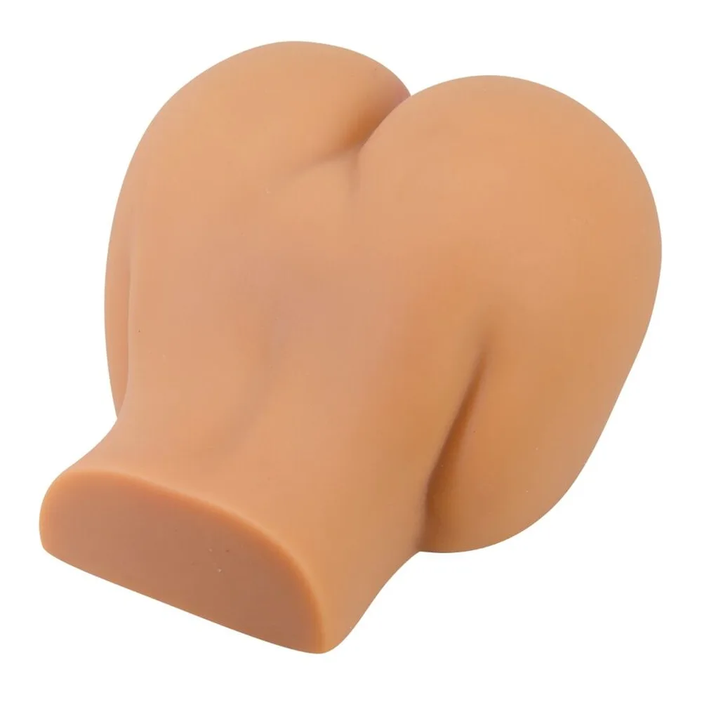 Moulage de fesses en silicone beige clair avec deux orifices, présenté avec télécommande noire et bullet vibrant noir suspendu, schéma annoté des fonctionnalités