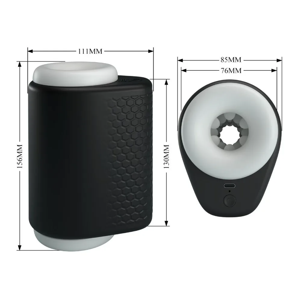 Masturbateur cylindrique noir et blanc avec embout blanc en silicone, dotée de 5 modes de vibration et 5 modes de thrusting, recharge USB, sur fond blanc
