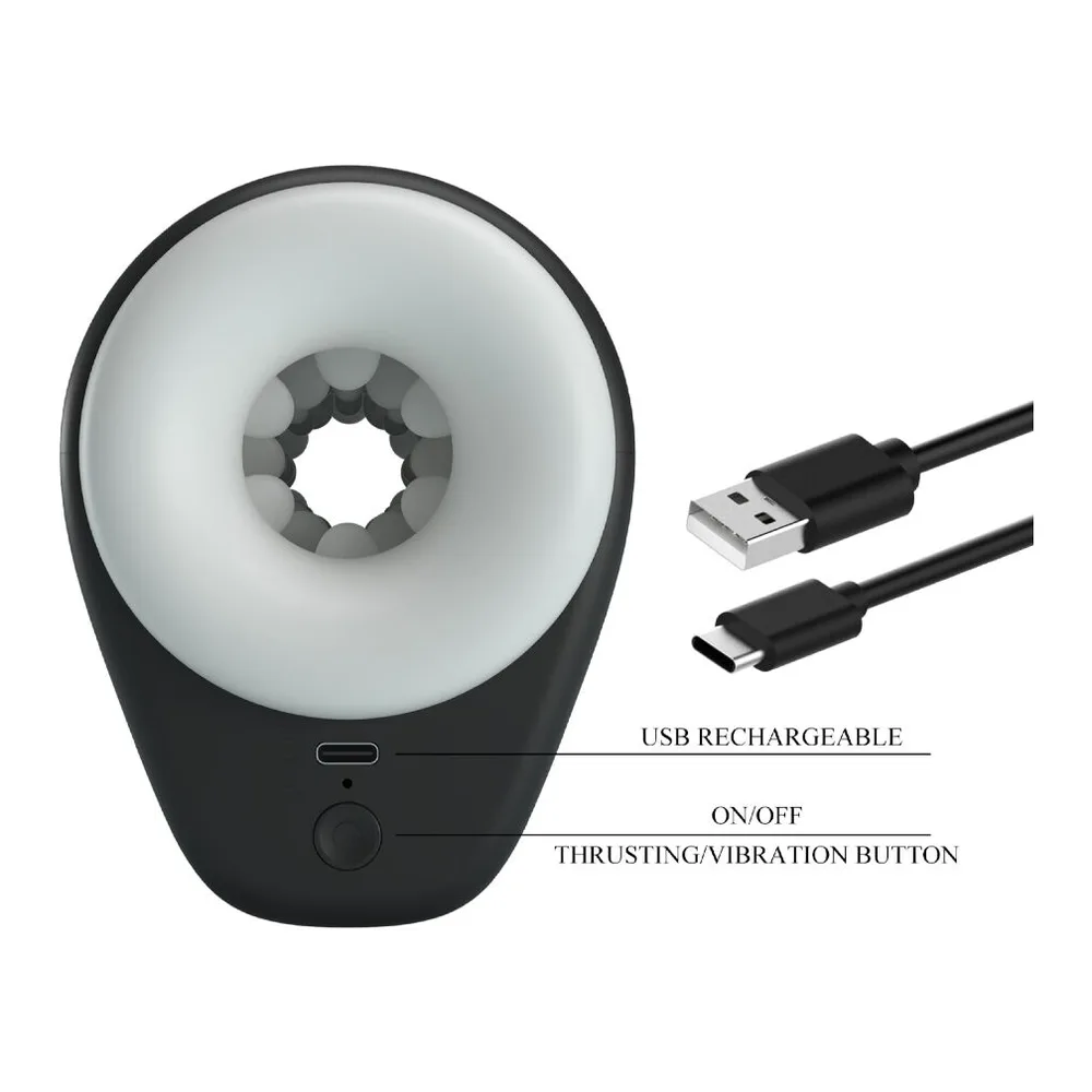Masturbateur cylindrique noir et blanc avec embout blanc en silicone, dotée de 5 modes de vibration et 5 modes de thrusting, recharge USB, sur fond blanc