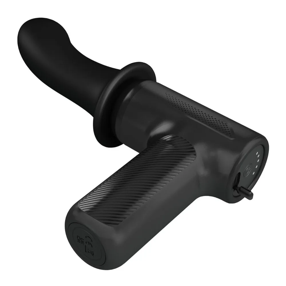 Masseur clitoridien noir en silicone avec poignée ergonomique striée, tête souple et arrondie, bouton de commande sur le côté, fond blanc