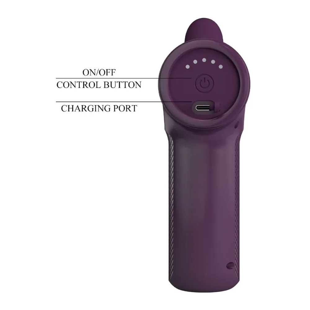 Schéma annoté d'un stimulateur clitoridien violet en silicone avec tête ergonomique, montrant le bouton marche/arrêt et le port de recharge USB