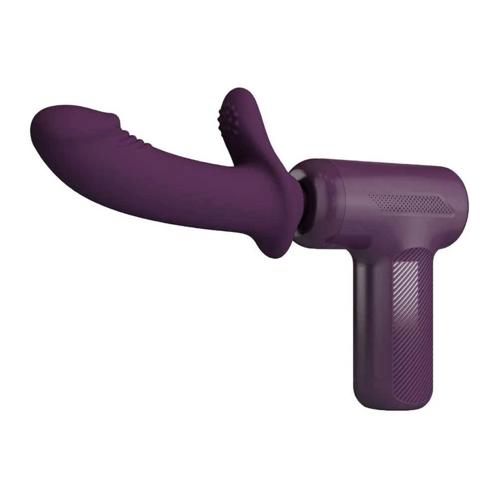 Schéma annoté d'un stimulateur clitoridien violet en silicone avec tête ergonomique, montrant le bouton marche/arrêt et le port de recharge USB