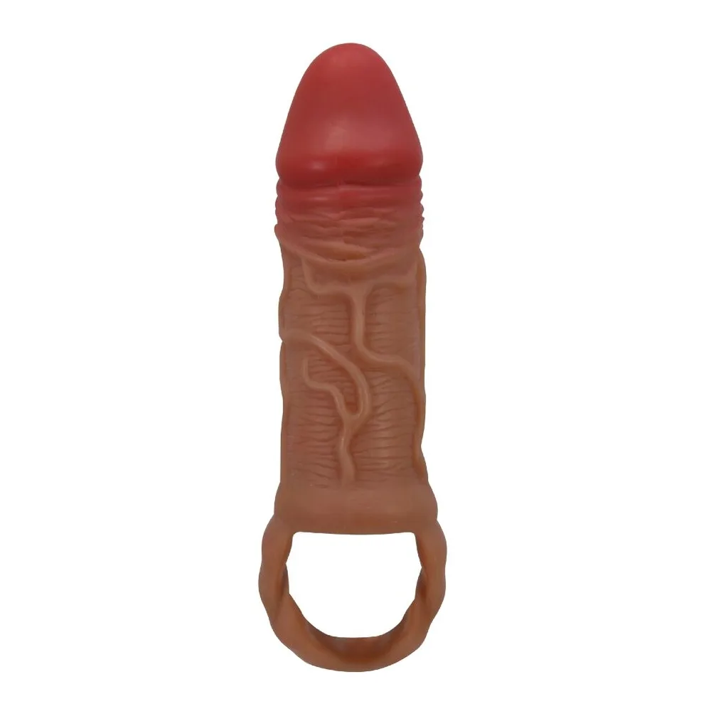 Manchon en silicone bicolore, teinte caramel et rouge, avec relief texturé et anneau intégré à la base, sur fond blanc