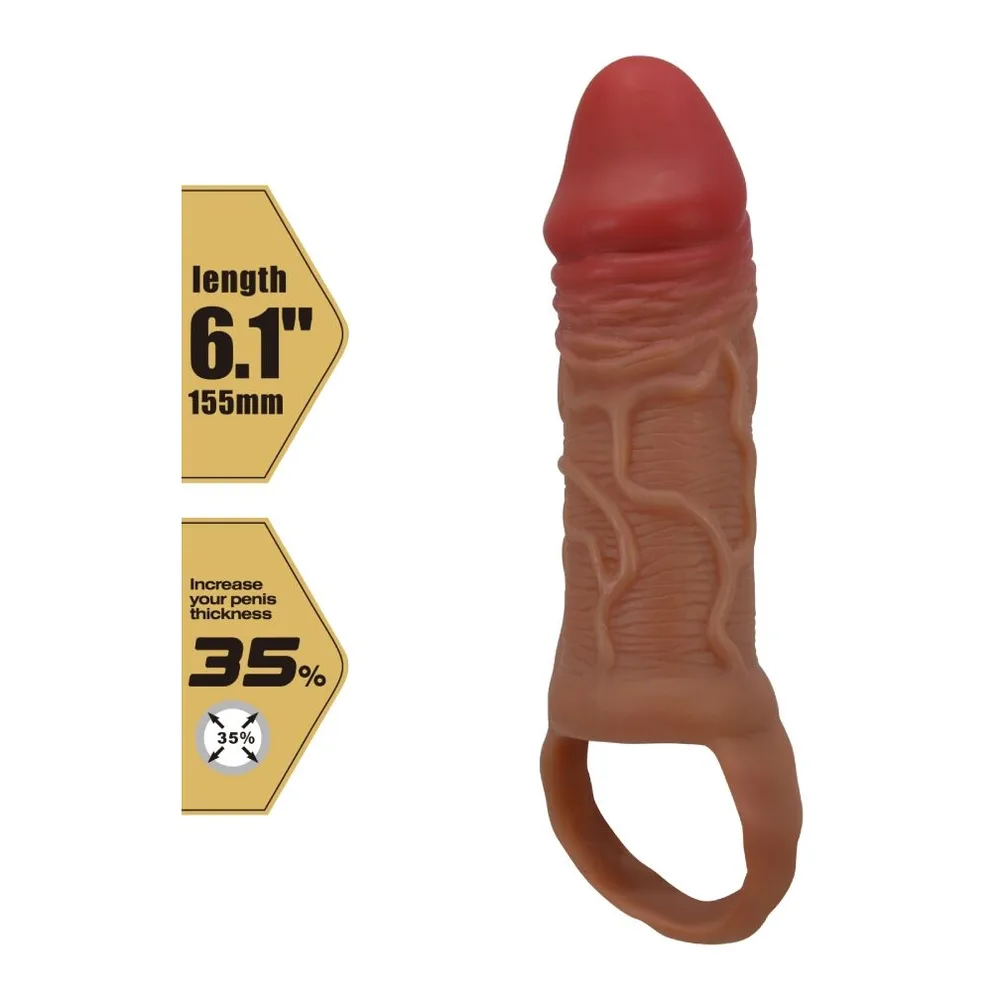 Manchon en silicone bicolore, teinte caramel et rouge, avec relief texturé et anneau intégré à la base, sur fond blanc