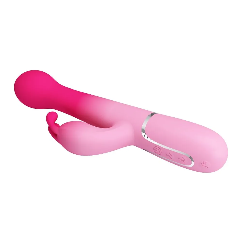 Vibromasseur lapin en silicone rose dégradé du fuchsia au rose pâle, avec stimulateur clitoridien en forme de lapin et insert vaginal, boutons de commande visibles sur le corps