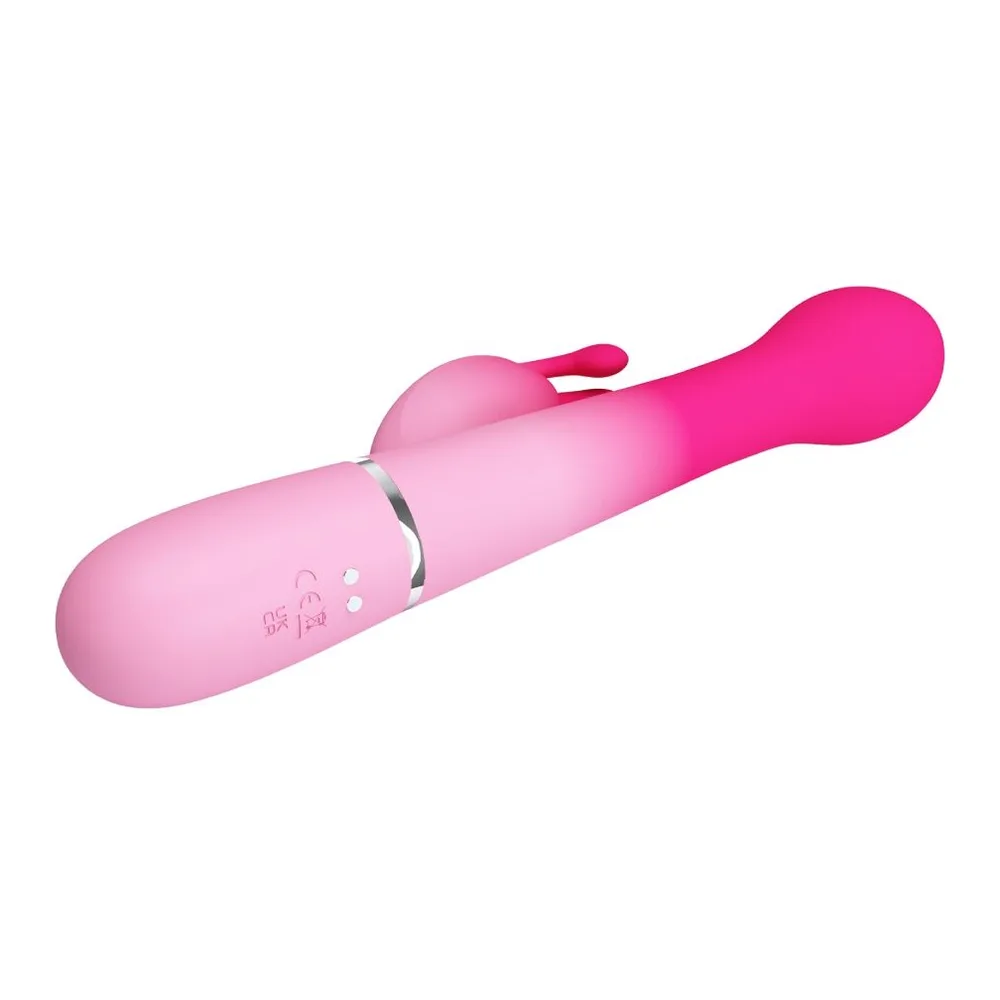 Vibromasseur lapin en silicone rose dégradé du fuchsia au rose pâle, avec stimulateur clitoridien en forme de lapin et insert vaginal, boutons de commande visibles sur le corps