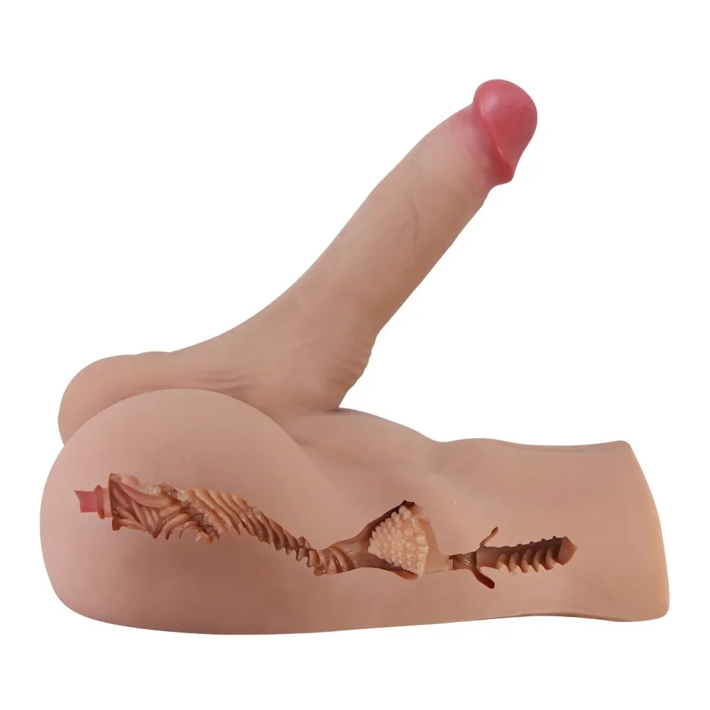 Masturbateur en silicone chair avec gland rose, buste flexible présentant des détails texturés internes, sur fond blanc