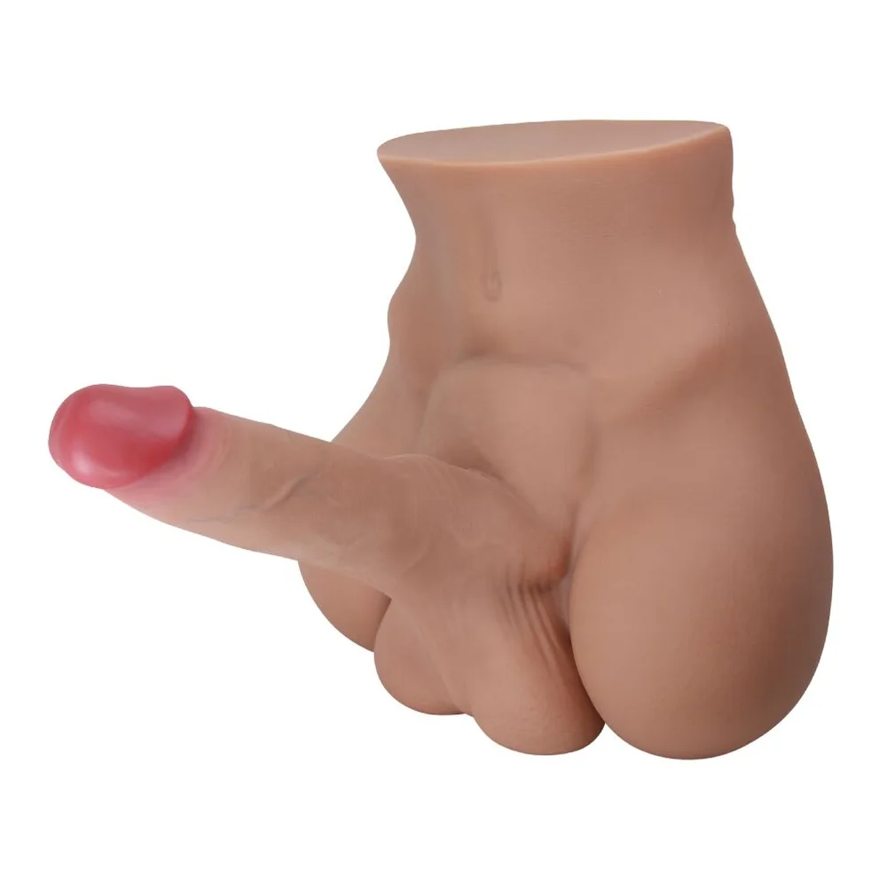 Masturbateur en silicone chair avec gland rose, buste flexible présentant des détails texturés internes, sur fond blanc